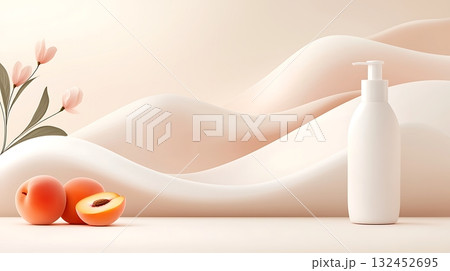 Elegant Cosmetic Bottle with Fresh Peaches Against Soft Creamy Background 132452695