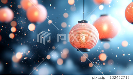 Soft Glow of Paper Lanterns Illuminating a Dreamy Atmosphere in a Night Sky 132452715