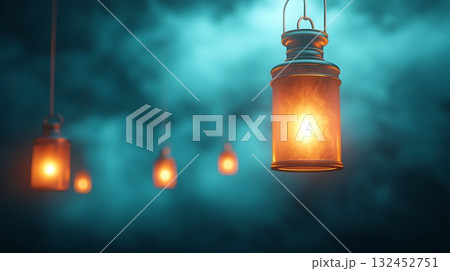 Warm Illuminated Lanterns Hanging Against a Dark Sky with Misty Background 132452751