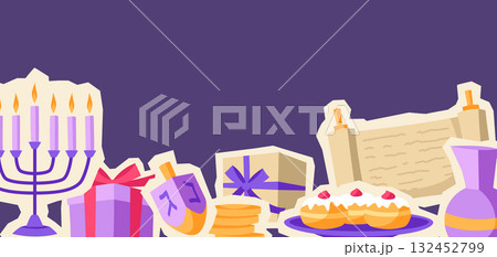 Happy Hanukkah background with stickers. Illustration with holiday objects. Happy Hanukkah background with stickers. Illustration with holiday objects. 132452799
