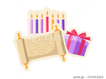 Happy Hanukkah sticker with traditional symbols. Holiday image in cartoon style. 132452818