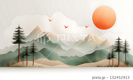 Serene Landscape with Mountains, Trees, and Orange Sun in Dreamy Artistic Style 132452913