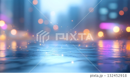 Glowing Urban Street with Colorful Bokeh Lights and Reflections on Wet Pavement at Night 132452918
