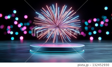 Colorful Fireworks Display on a Dark Background with Soft Highlights and Glowing Circles 132452930