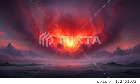 Dramatic Sunset Over Mountains with Fiery Clouds and Ethereal Atmosphere 132452932