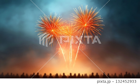 Colorful Fireworks Display in Night Sky with Spectators Viewing from Below at Celebration Event 132452933