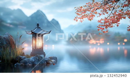 Tranquil Japanese Lantern by Still Water, Misty Mountains and Autumn Leaves in the Background Tranquil Japanese Lantern by Still Water, Misty Mountains and Autumn Leaves in the Background 132452940