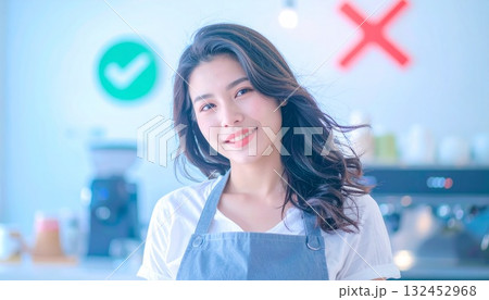 エプロンをつけた白シャツで悩んでいる若い女性のポートフォリオ エプロンをつけた白シャツで悩んでいる若い女性のポートフォリオ 132452968