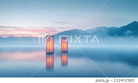 Tranquil Landscape with Fog, Floating Lanterns, and Serene Mountain Reflections at Dawn 132452985