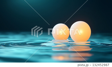 Glowing Spheres on Calm Water Surface in Soft Blue Light Reflection 132452987
