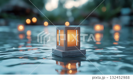 Tranquil Water Lanterns Illuminating Calm Evening Scene with Soft Glows and Reflections 132452988