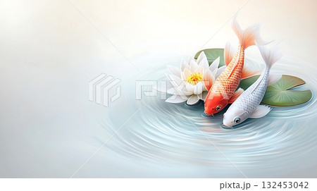 Two Colorful Koi Fish Swimming Near White Lotus Flower on Serene Pond Surface Two Colorful Koi Fish Swimming Near White Lotus Flower on Serene Pond Surface 132453042