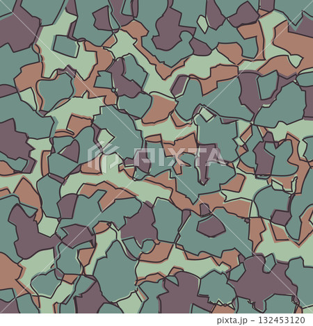 Seamless Camouflage Pattern in Green Purple Brown background. Modern clothing style masking camo repeat print. Forest texture. Wavy shapes. Graphic design vector illustration for Fashion Textile Cover 132453120