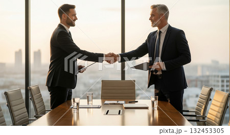交渉が成立し笑顔で固い握手を交わすビジネスパーソンたち 交渉が成立し笑顔で固い握手を交わすビジネスパーソンたち 132453305