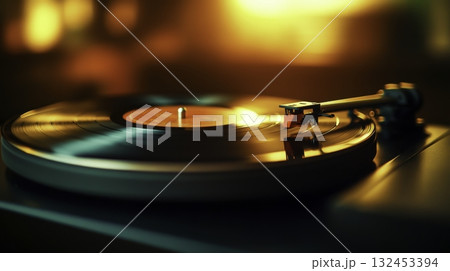 Warm Glow of Vintage Vinyl Record Player with Stylus in Soft Focus Background 132453394