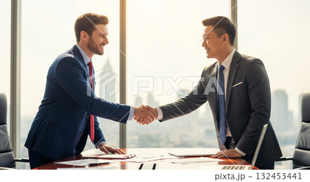 交渉が成立し笑顔で固い握手を交わすビジネスパーソンたち 交渉が成立し笑顔で固い握手を交わすビジネスパーソンたち 132453441