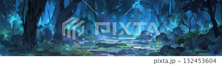 幻想的な森の風景 夜の森 青い光 ファンタジー背景 132453604