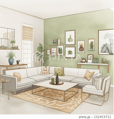 ソファでくつろぐ明るいリビング空間 132453711