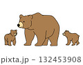 親グマと2匹の子グマが並んで歩くシンプルな線画ベクターイラスト 132453908