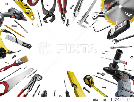 Construction tools levitate on a white background Construction tools levitate on a white background 132454116