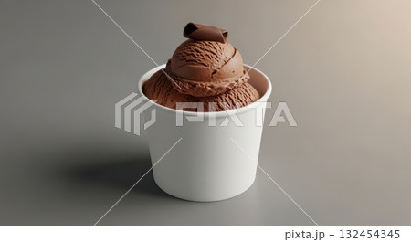 Delicious chocolate ice cream in white cup with chocolate garnish on gray background 132454345