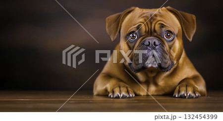 Adorable brown dog with expressive eyes resting on a wooden surface indoors 132454399
