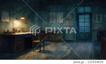 古びた研究室の夜景 静かな夜の机と灯り 油彩風イラスト 132454650