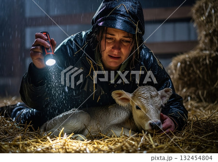 Caring farmer illuminates vulnerable newborn calf in a wet barn with a flashlight Caring farmer illuminates vulnerable newborn calf in a wet barn with a flashlight 132454804
