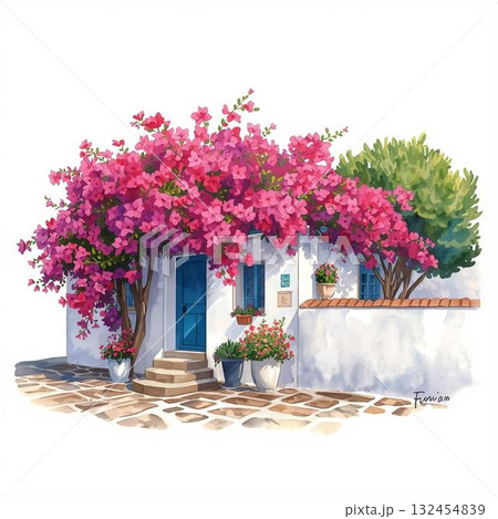 ブーゲンビリアと白い壁の地中海風リゾートハウス・水彩イラスト 132454839