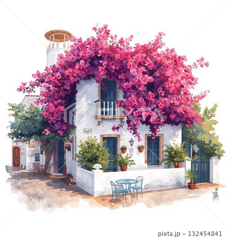 ブーゲンビリアと白い壁の地中海風リゾートハウス・水彩イラスト ブーゲンビリアと白い壁の地中海風リゾートハウス・水彩イラスト 132454841