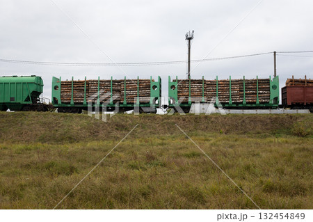Railroad cars loaded with timber are parked on the tracks. Railroad cars loaded with timber. Timber trade. Freight transport. Timber transportation 132454849