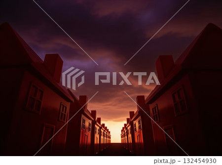 Row of stylized red houses silhouetted against a menacing purple orange sky 132454930