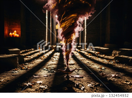 Bronze genie lamp releasing powerful swirling smoke and magic 132454932