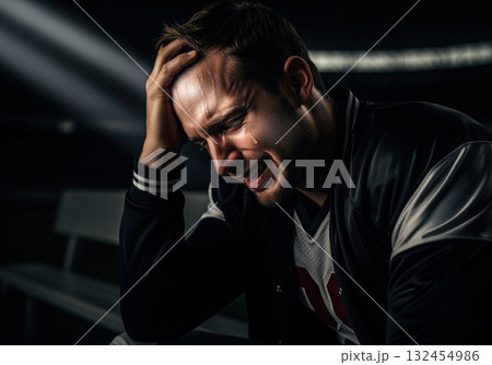 Emotional football player crying in despair after a devastating injury 132454986