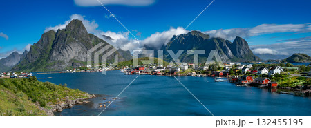 Amazing landscape town of Reine of the Lofoten Islands with blue sky , county of Nordland, Norway. Amazing landscape town of Reine of the Lofoten Islands with blue sky , county of Nordland, Norway. 132455195