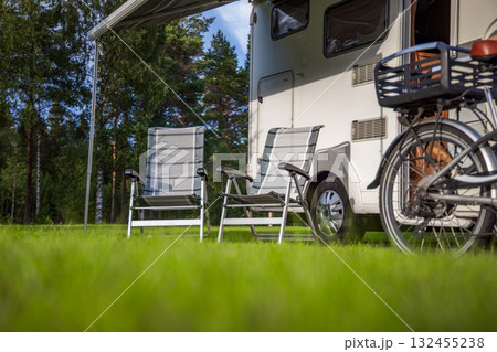 Family vacation travel RV, holiday trip in motorhome, Caravan car Vacation. Beautiful Nature Norway. 132455238