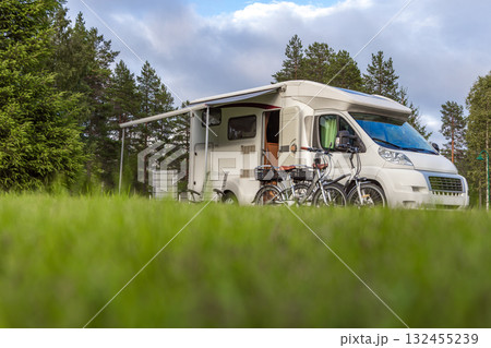 Family vacation travel RV, holiday trip in motorhome, Caravan car Vacation. Beautiful Nature Norway. 132455239