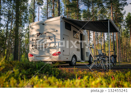 Family vacation travel RV, holiday trip in motorhome, Caravan car Vacation. Beautiful Nature Norway. 132455241