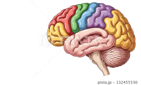 Human Brain Anatomy with Color-Coded Lobes and Structures 132455530