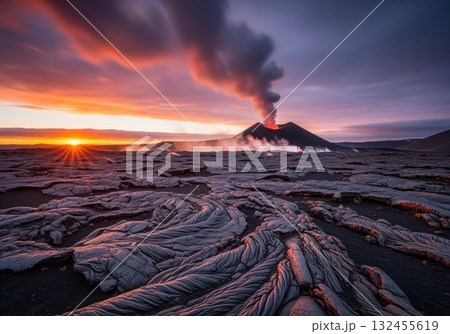 Dramatic sunset over active volcano eruption and textured solidified lava flows 132455619