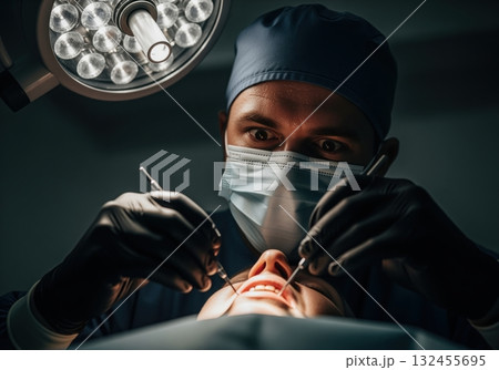Intense dentist performing dental procedure on patient under bright surgical light 132455695