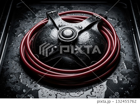 Gritty metal chest plate and coiled red tube, intense industrial aesthetic Gritty metal chest plate and coiled red tube, intense industrial aesthetic 132455762