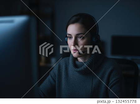 Focused woman in headset providing remote client support late at night 132455778