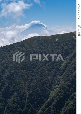 北岳の小太郎尾根分岐から見る雲海の富士山　南アルプスの北岳登山 132455792