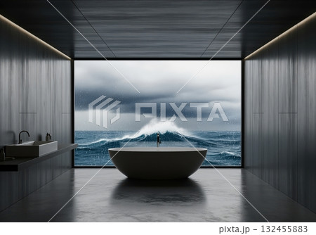 Modern minimalist bathroom with a dramatic ocean view and stormy waves 132455883