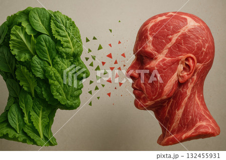 This artwork depicts striking contrast between face made of leafy greens and face composed of raw meat, symbolizing clash between nature This artwork depicts striking contrast between face made of leafy greens and face composed of raw meat, symbolizing clash between nature 132455931