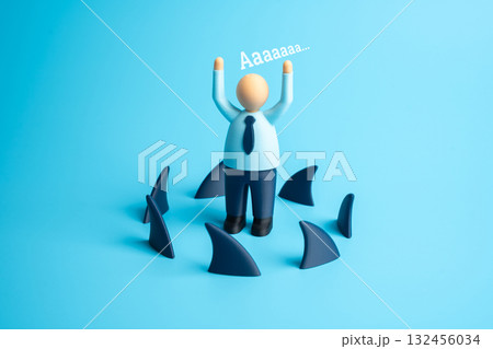 A businessman surrounded by sharks. Financial or legal problems for a business. Being eaten by competitors. Bankruptcy danger, business vulnerability. Competition, debt pressure, financial survival. A businessman surrounded by sharks. Financial or legal problems for a business. Being eaten by competitors. Bankruptcy danger, business vulnerability. Competition, debt pressure, financial survival. 132456034
