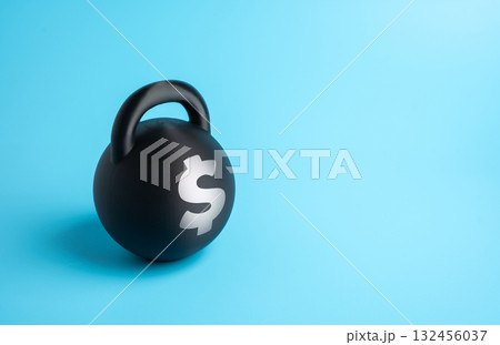 A weight with a dollar symbol. Debt burden. Financial pressure and economic instability. Credit obligations, bankruptcy risk, and loan repayment challenges in business and personal finance A weight with a dollar symbol. Debt burden. Financial pressure and economic instability. Credit obligations, bankruptcy risk, and loan repayment challenges in business and personal finance 132456037