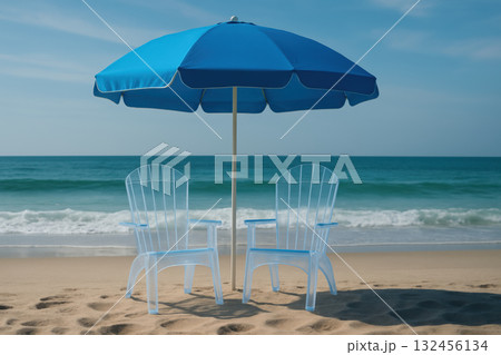 Relaxing beach scene featuring two clear plastic chairs under blue umbrella, with gentle waves lapping at shore 132456134