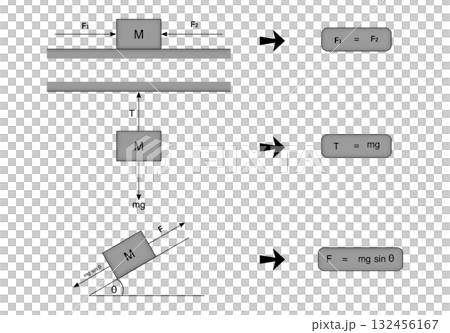 Physics diagram showing equilibrium of forces in three situations: horizontal surface, hanging mass, and inclined plane. Includes labeled vectors, tension, gravity, physics mechanics 132456167